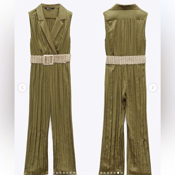 Zara olive green satin effect jumpsuit with belt - Picture 10 of 11